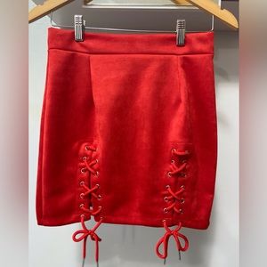 NWOT Cherry Red Lace-Up Faux Suede Mini Skirt